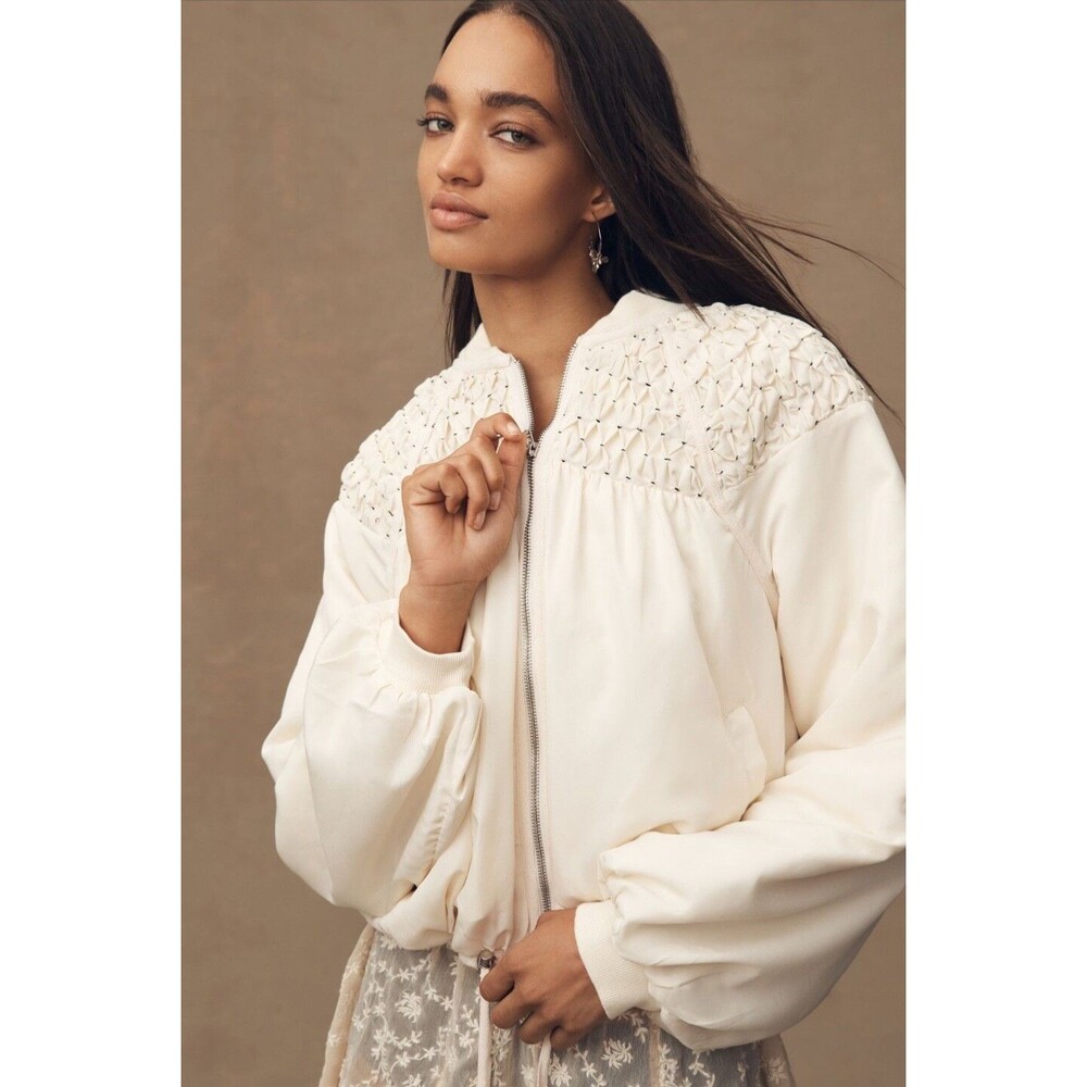 Anthropologie Bomber Jacket Women Ivory Smocked Preppy Comfy Boho Y2K XXS NWT